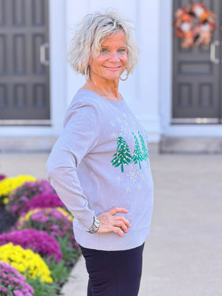 Women's Jacquard Trees Crystal Embellished Sweater Cathys Place