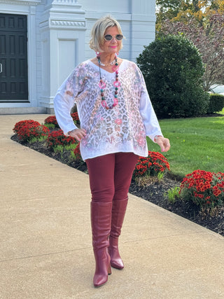 LEOPARD/FLORAL PRINT V-NECK SWEATER