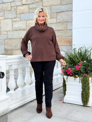 Women's Bubble Sleeve Cowl Neck Rib Knit Top WALNUT Cathys Place
