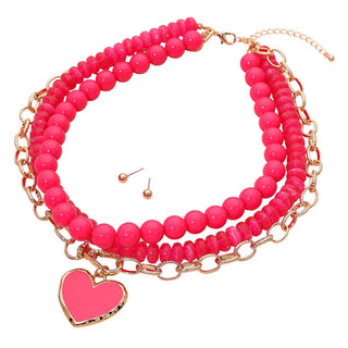 Enamel Heart Pendant Accent Chunky Beaded Layered Statement Necklace Sensibling Corp.