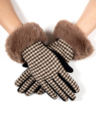 Faux Fur Cuff Mini Houndstooth Gloves (TS) Original USA