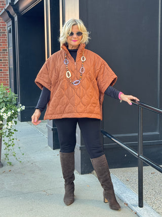 Stand Up Collar Quilted Cape Poncho Jacket RUST