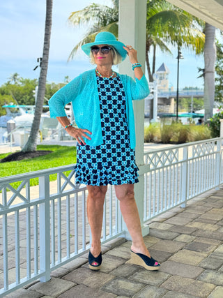 LULU B NAVY MEDALLION SHIFT RUFFLE DRESS