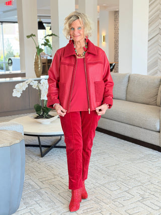 Women's Faux Leather Shearling Zip Front Jacket RED Cathys Place