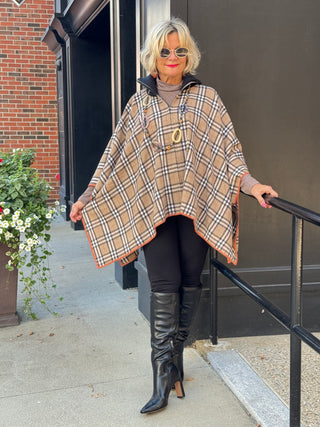 Flannel Plaid Zip Front Poncho BEIGE AND BLACK