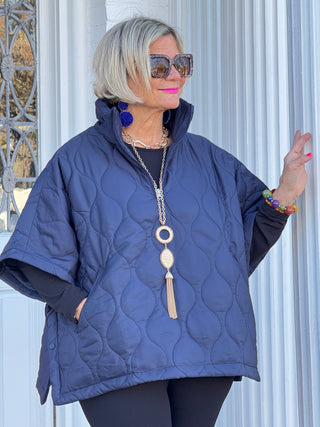 Quilted Short Sleeves Puffer Pullover Poncho Navy