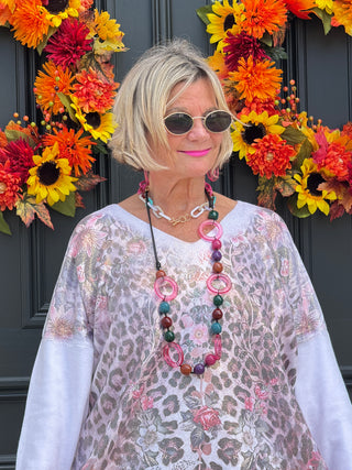 LEOPARD/FLORAL PRINT V-NECK SWEATER