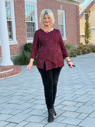 Women's Floral Flocked Texture Lace Trim Top BLACK Cathys Place