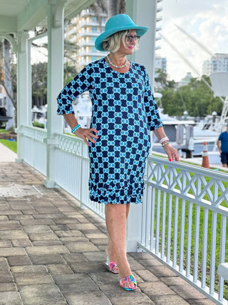 BLUE MEDALLION RUFFLE SLEEVE DRESS