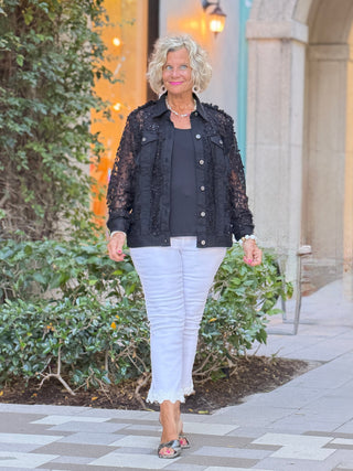 Cropped Flare Twill Jeans With Floral Lace Hem CHARLIE B