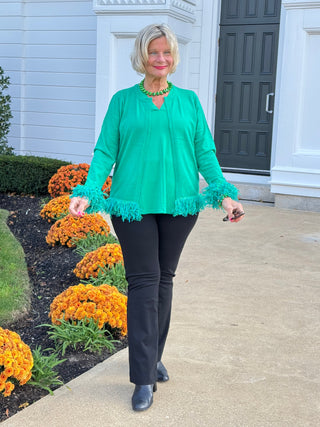 LULU-B EMERALD CASHMERE FRINGE FANCY CARDIGAN LULU-B