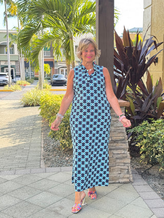 BLUE MEDALLION RUFFLE MAXI