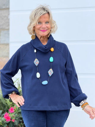 Women's Bubble Sleeve Cowl Neck Rib Knit Top NAVY Cathys Place