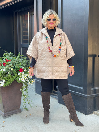 Oversize Quilted Puffer Hood Cape Poncho BEIGE