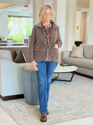 Women's Portrait Collar Velveteen Zip Front Jacket COCOA Cathys Place