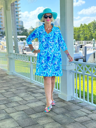 BLUE DREAMING HEART RUFFLE NECK DRESS