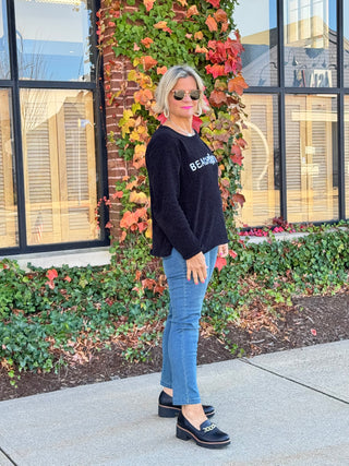 CHENILLE BLACK CREW BEACHTIME SWEATER - Cathys Place
