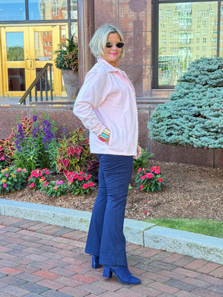 Crystal Zipper Cardigan with Collar Pink