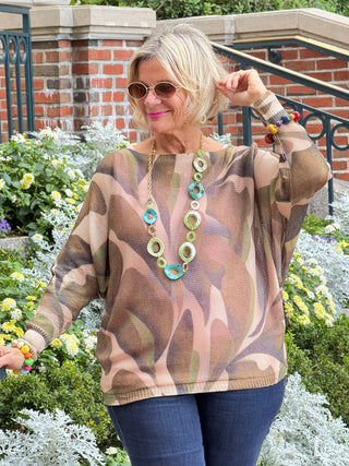 VIABS Olive Abstract Round Neck Knit Printed Sweater