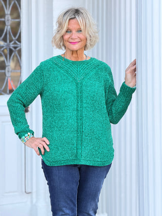 Women's Luster Chenille V-Neck Cable Sweater EMERALD Cathys Place
