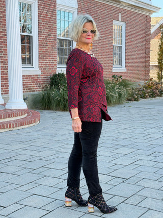 Women's Floral Flocked Texture Lace Trim Top BLACK Cathys Place