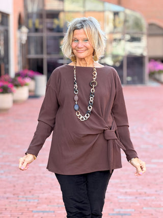 Women's Rib Knit Boat Neck Side Tie Top WALNUT Cathys Place