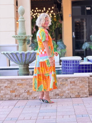 Casual Bohemian ORANGE high-waisted color contrast dress Cathys Place