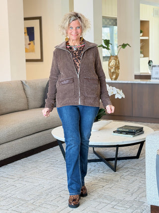 Women's Portrait Collar Velveteen Zip Front Jacket COCOA Cathys Place