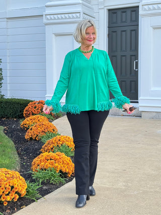 LULU-B EMERALD CASHMERE FRINGE FANCY CARDIGAN LULU-B