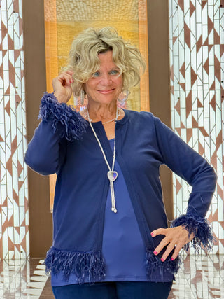 LULU-B NAVY CASHMERE FRINGE FANCY CARDIGAN