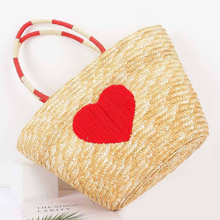 Faux Straw Heart Tote BAg