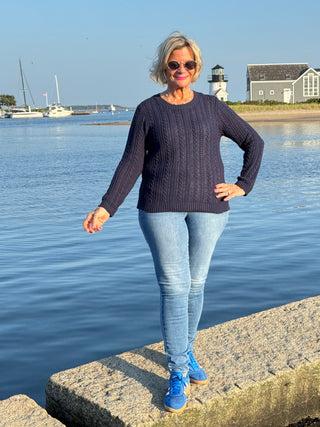 LULU-B NAVY CABLE CREW NECK SWEATER