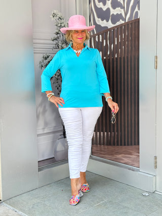 LULU-B SOLID AQUA COLLAR SLEEVE TOP