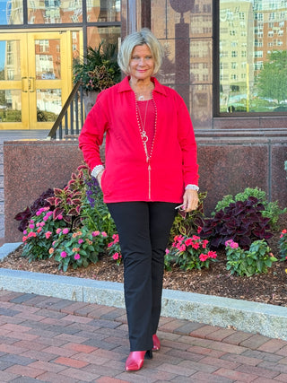 Crystal Zipper Cardigan with Collar Red