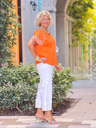 ORANGE FLORAL EMBOIDERY TOP Cathys Place