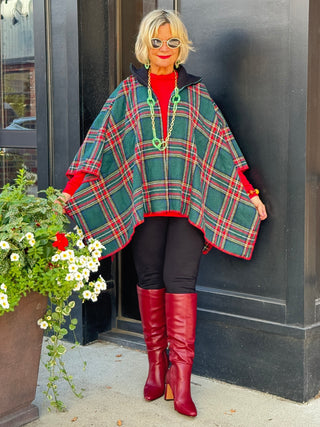 Flannel Plaid Zip Front Poncho GREEN AND RED