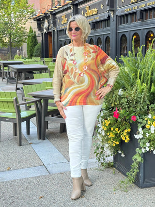 Cream Fall Leaves Round Neck Knit Printed Sweater Cathys Place