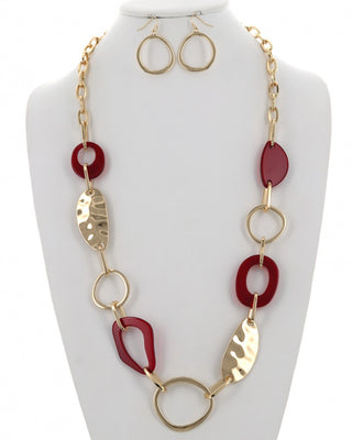 Hammered Metal Resin Long Necklace & Earring Set