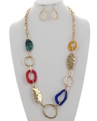 Hammered Metal Resin Long Necklace & Earring Set