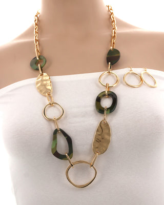 Hammered Metal Resin Long Necklace & Earring Set