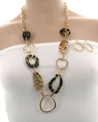 Hammered Metal Resin Long Necklace & Earring Set
