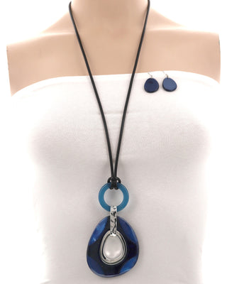 Acetate Oval Pendant Cord Long Necklace & Earring Set