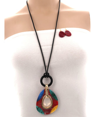 Acetate Oval Pendant Cord Long Necklace & Earring Set