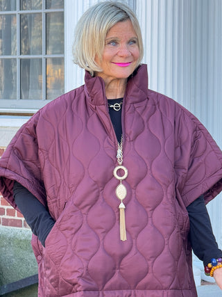 Quilted Short Sleeves Puffer Pullover Poncho Burgundy