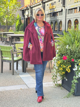 BURGUNDY Womens Cape Poncho Coat