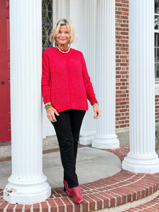 Women's Luster Chenille V-Neck Cable Sweater RED Cathys Place