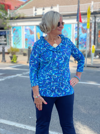 FANTASTIA BLUE RUFFLE SLEEVE TOP