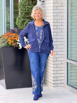 Women's Portrait Collar Velveteen Zip Front Jacket NAVY Cathys Place