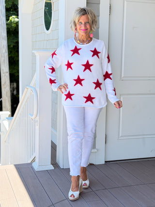 LULU B DOCKSIDE WHITE RED STAR FUZZY SWEATER LULU-B