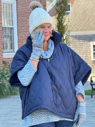 Quilted Short Sleeves Puffer Pullover Poncho Navy Cathys Place